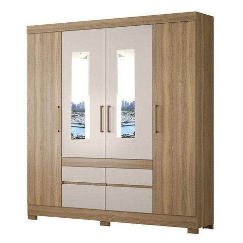 Guarda Roupa Casal 4 Portas Bilbao Amêndola Off White com Espelho - Demóbile