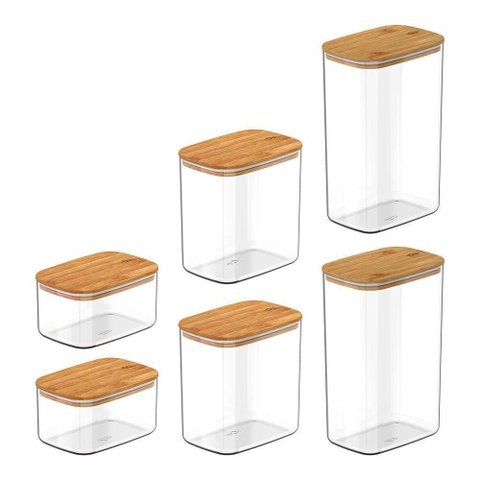 Conjunto de Potes Herméticos Retangular Keep 6 Peças Transparente com Tampa de Bambu ou