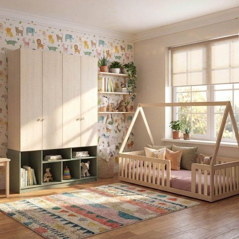 Quarto Montessori Cama Telhado Giulia e Guarda-Roupa Curió Casatema MadeiraOriginals Natural/Verde