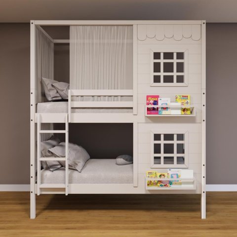 Beliche Casinha 2 Janelas Cortina Madeira Branco