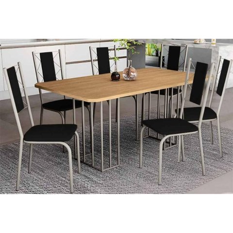 Conjunto: Mesa de Cozinha Duina C/ Tampo de Madeira 160cm e 6 Cadeiras Lisboa Niquel/freijo -