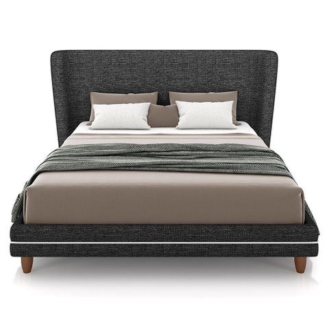Cabeceira Casal Nilo 140cm com Cama Pés Madeira Suném P05 Linho Cinza Escuro Bouclê Cru - Lyam Decor
