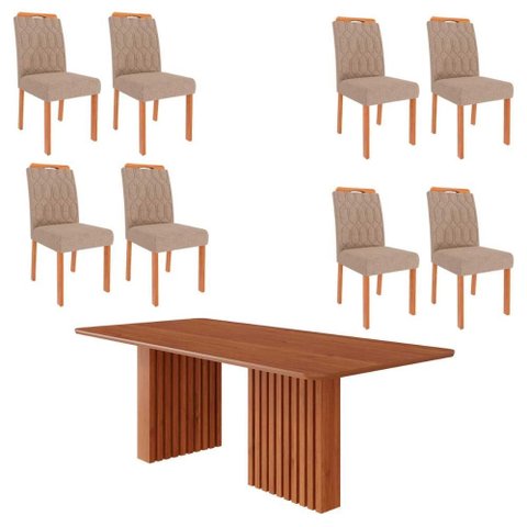 Sala de Jantar Mesa Ester Retangular 210 com 8 Cadeiras Paola Wood Cinamomo/cinamomo/madeira/linho