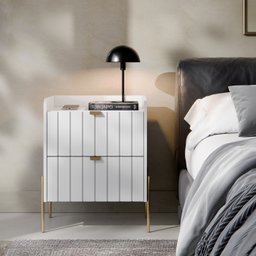 Mesa de Cabeceira Moriah Branco de 45cm com Duas Gavetas e Pés Industriais de Ferro Dourado - 5
