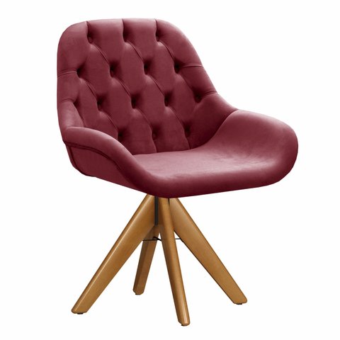 Poltrona Lua Cadeira Pé Giratória de Madeira Decoração Recepção, Escritório-Suede Bordô