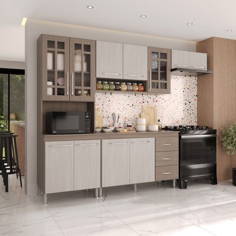Armário de Cozinha Modulada Compacta Fidelitá Paris 4 Peças 260cm 11 Portas 3 Gavetas com Tampo