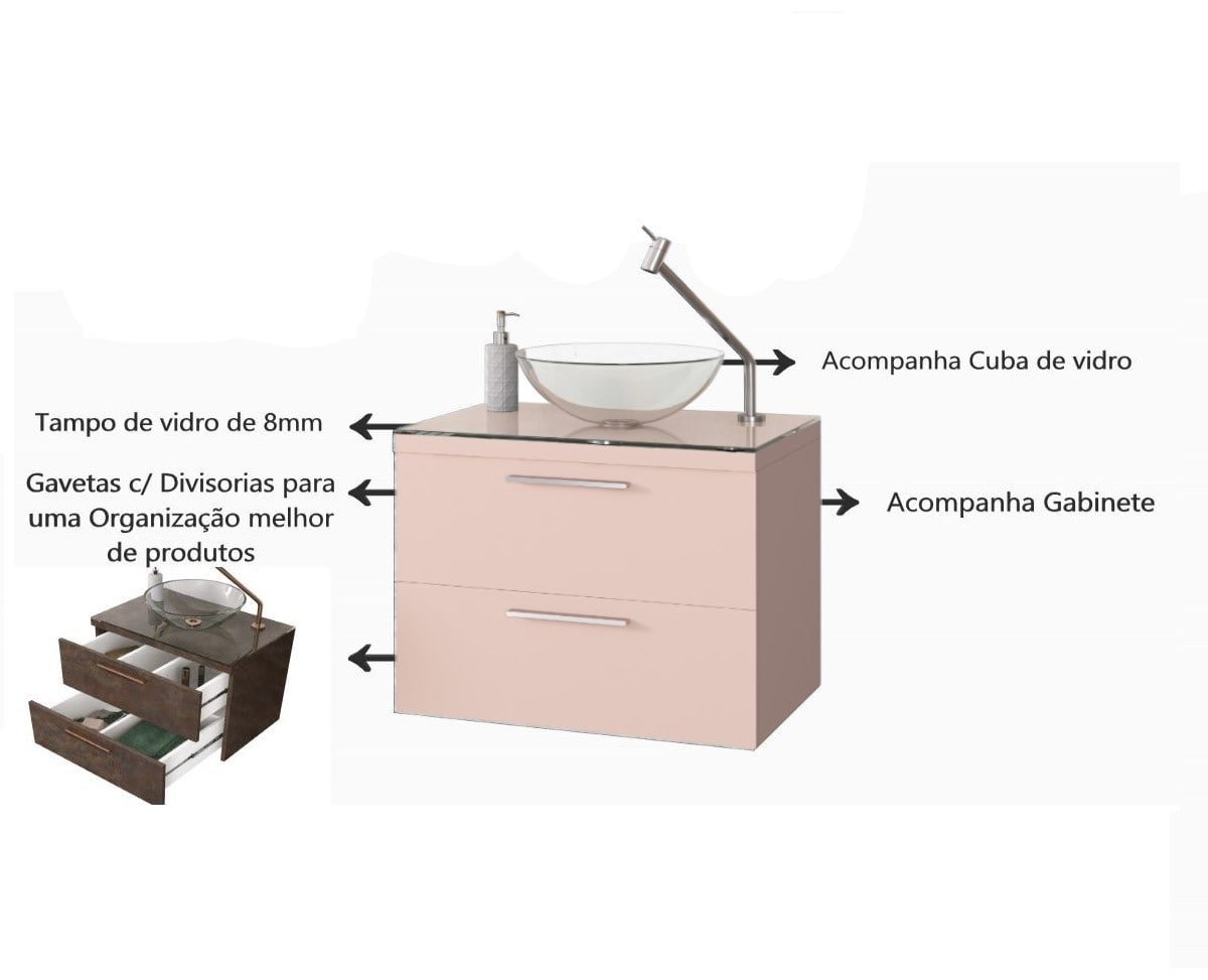 Balcão Gabinete Banheiro Santorini 60 + Cuba de vidro Rosa - 6