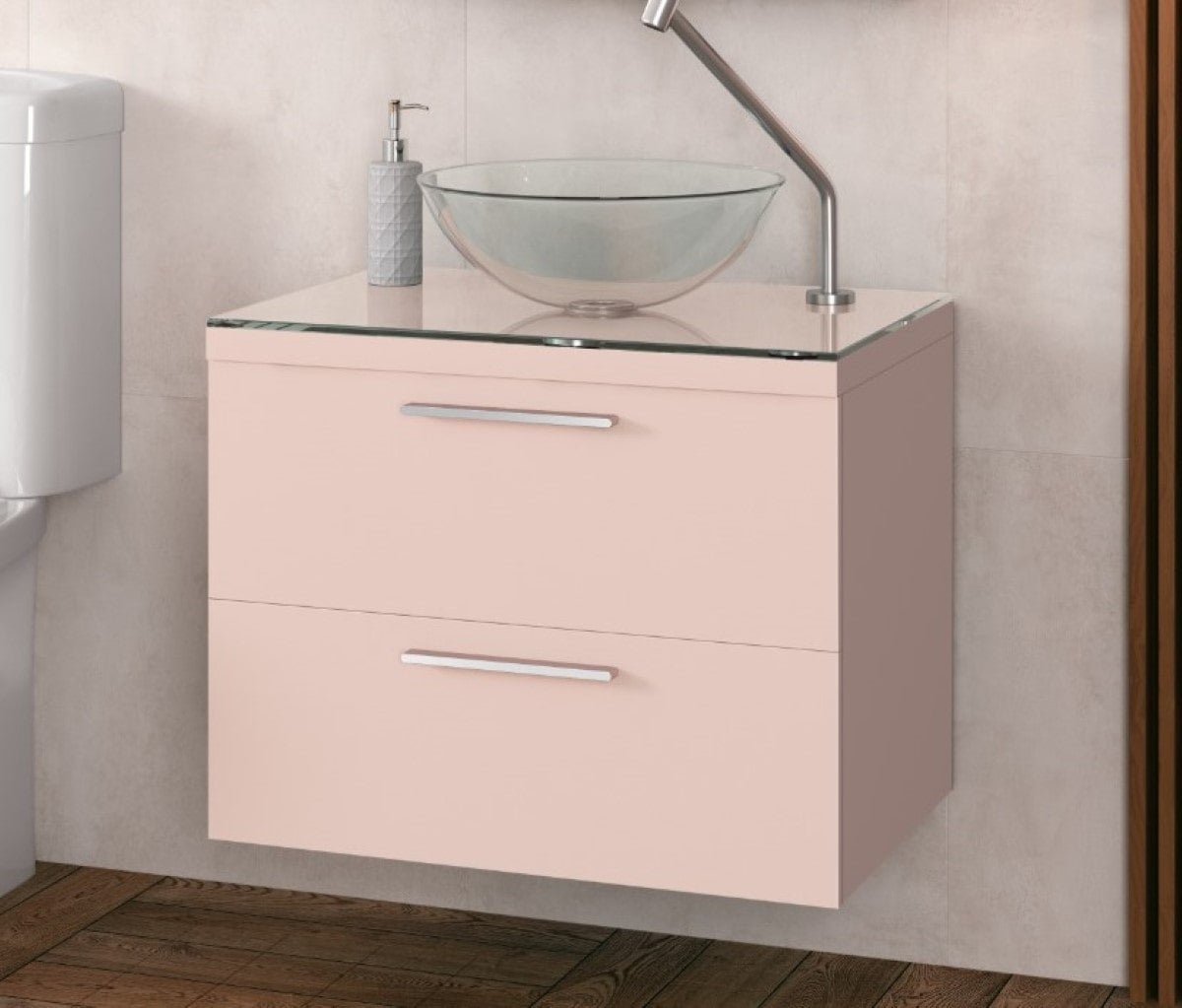 Balcão Gabinete Banheiro Santorini 60 + Cuba de vidro Rosa - 1