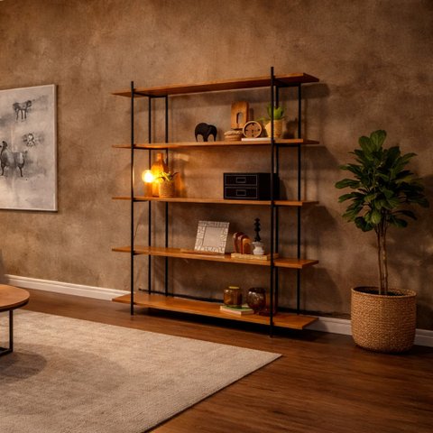 Estante de Madeira com Estrutura Metálica Preta 5 Prateleira