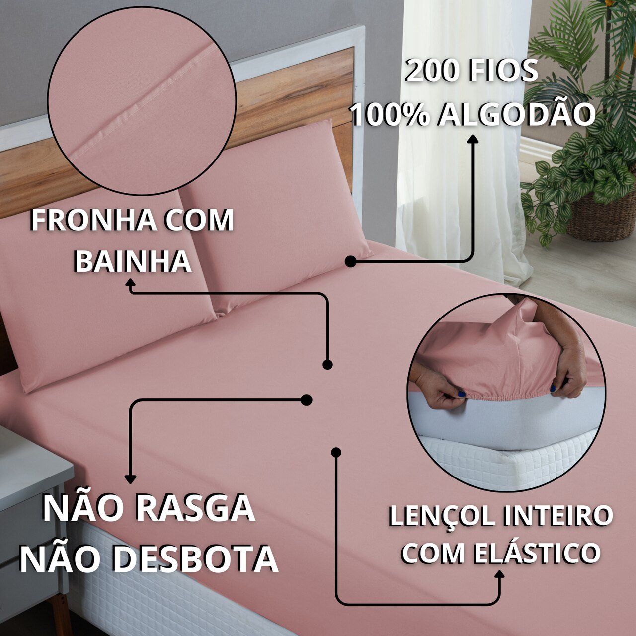 Lençol Cama Box Casal 200 Fios 3 Peças Conjunto 100% Algodão:rose - 6