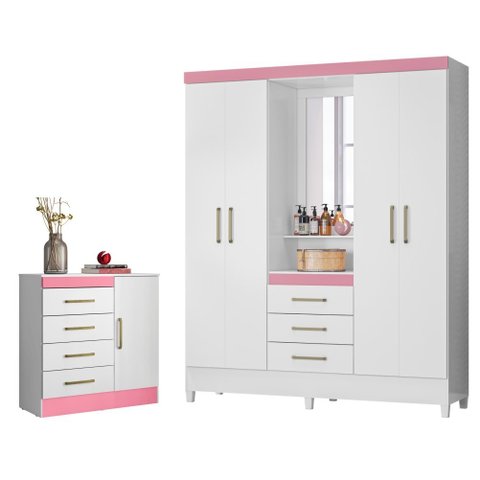 Conjunto Quarto Guarda Roupa e Comoda Arezzo Branco Rosa