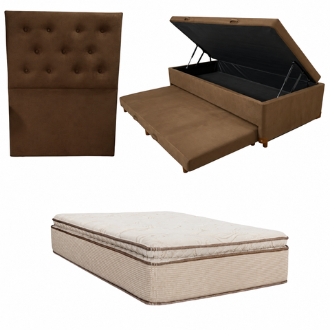 Cama Box Baú Solteiro com Auxiliar (Bicama) + Colchão Cloud Molas Ensacadas c/Pillowtop 32cm | Kit C