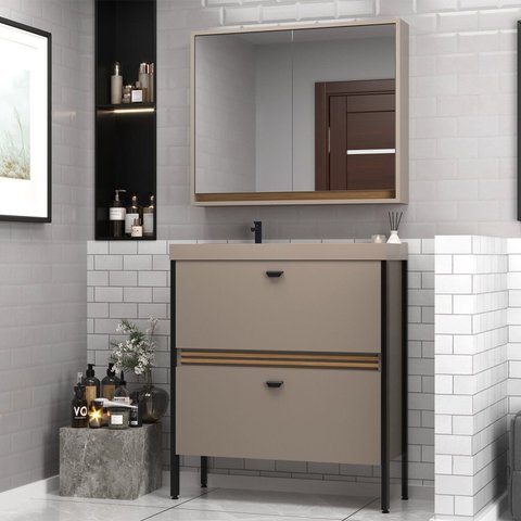 Gabinete de Banheiro com Pia e Espelheira 80cm Ref 810 London Marrom/Gianduia/Itapuã
