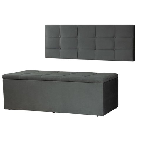 Kit Cabeceira Painel e Calçadeira Baú King 1,95m Roma Suede Cinza Sky Mobile