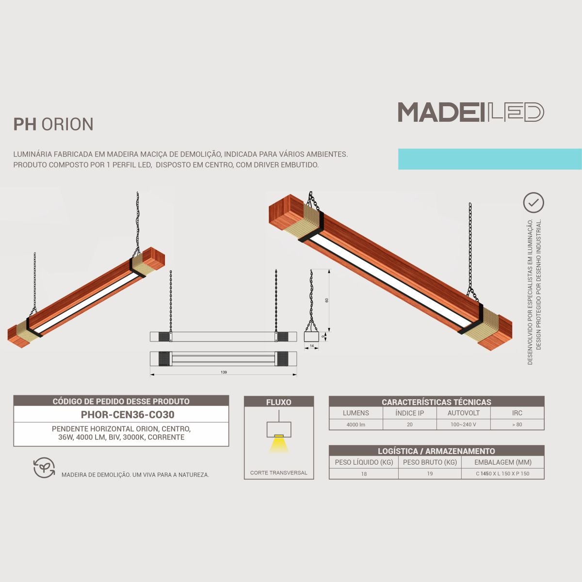 Pendente Led Orion 36w 4000lm Bivolt em Madeira Maciça com Corrente - 6