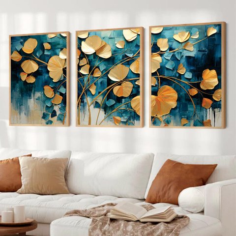 Kit Quadro Decorativo 3 Telas Flores Douradas em Tons de Azul Tacolado Moldura Caixa 3cm Madeira sem