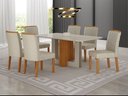 Ver imagem 1 de Conjunto Sala de Jantar Sofia 1,80m Tampo Vidro Off com 6 Cadeiras Jade Cinamomo/Off/Joli Palha