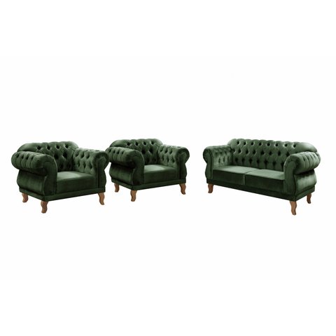 Conjunto Duquesa Chesterfield Sofá + 2 Poltronas Vintage Retrô - Veludo Verde