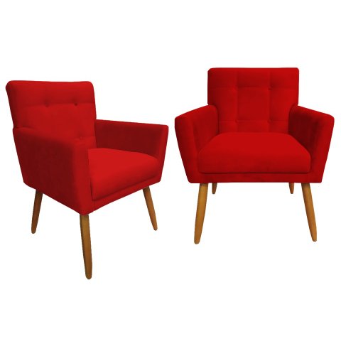 Kit 2 Poltronas Decorativa Onix Suede Vermelho Pés Madeira Ms Decor