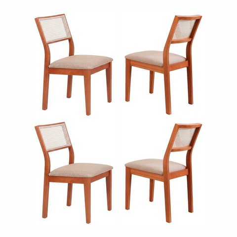 Kit 4 Cadeiras Madeira Maciça com Estofado e Fibra Natural Rattan Maya Yescasa Marrom/Champagne/Bege