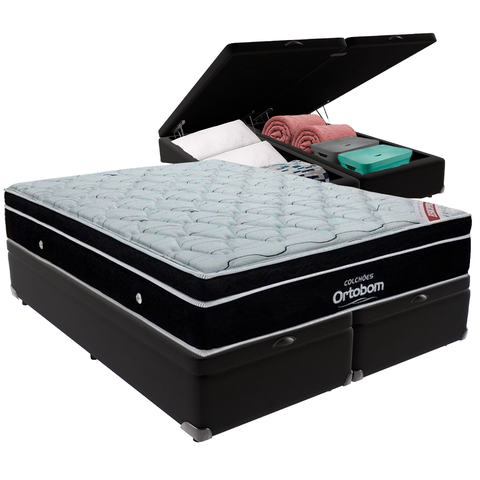 Cama Box Baú Preto e Colchão Elegant Molas Ensacadas King Ortobom