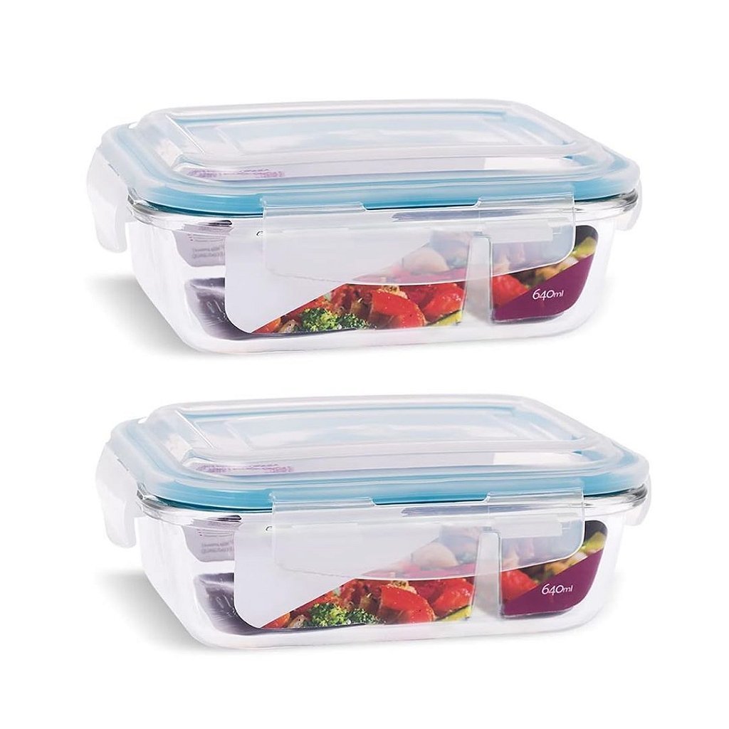 Pote Vidro Hermético Retangular com Divisória 4 Travas 640ml - 1