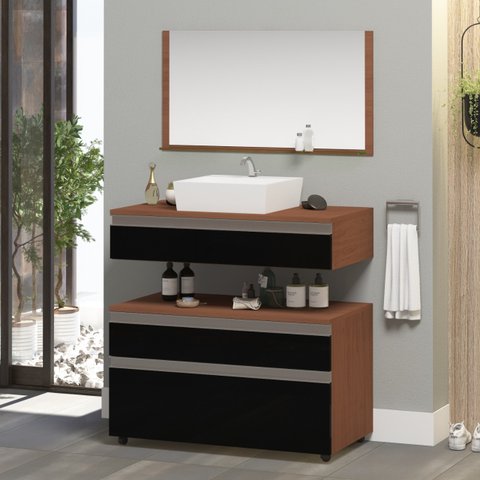 Conjunto Safira 60cm Gabinete de Banheiro com Cuba e Espelheira
