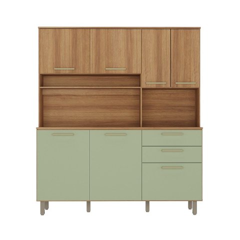 Cozinha Compacta 7 Portas 2 Gavetas Armário com Nicho para Micro-Ondas - Luciane 353:Avelã e Verde m