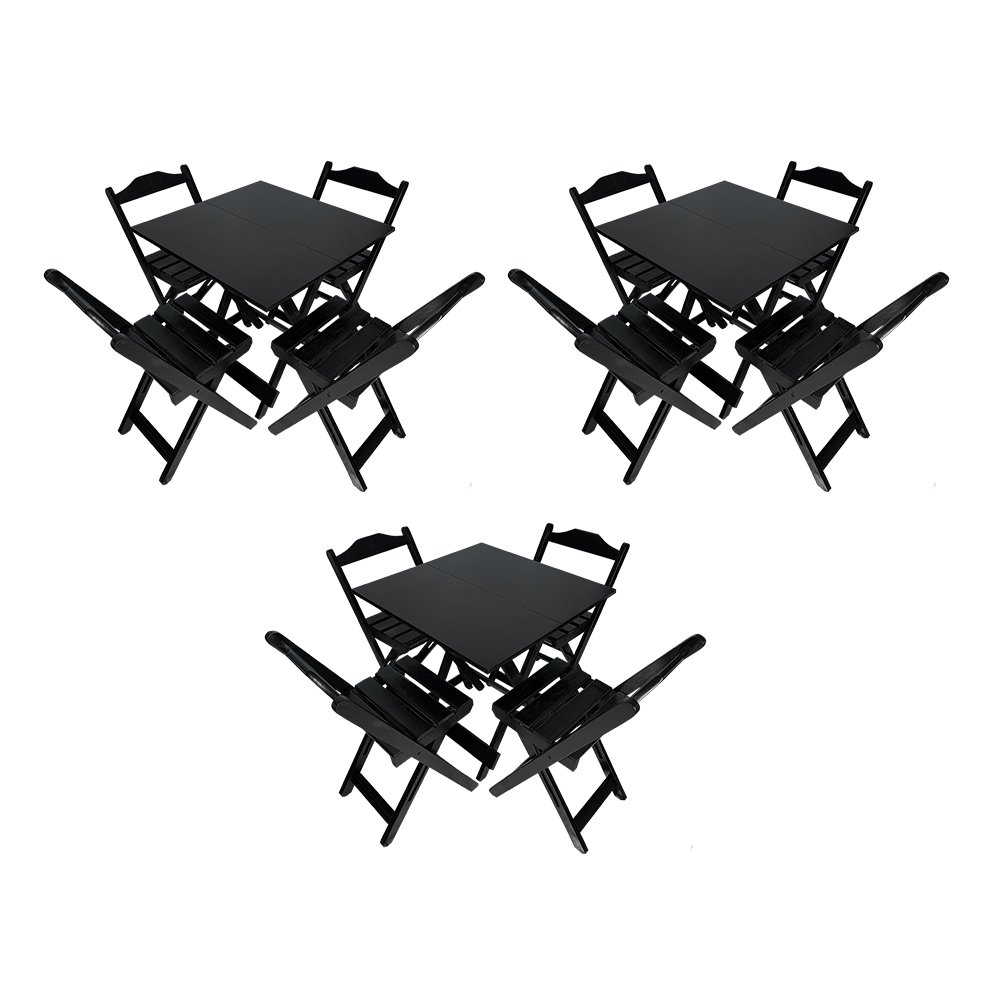 Kit 3 Jogos de Mesa Dobrável 70x70 com 4 Cadeiras de Madeira Ideal para Bar e Restaurante - Preto - 1
