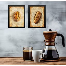 Kit 2 Quadros Decorativos Cozinha Pães Vintage 33x24cm - com Vidro:moldura Preta - 2