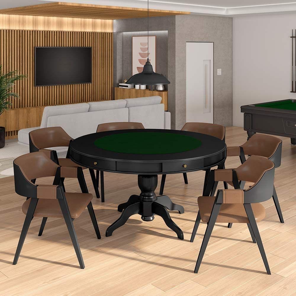 Conjunto Mesa de Jogos Carteado Tampo Reversível e 6 Cadeiras Madeira Poker Pu Caramelo-preto