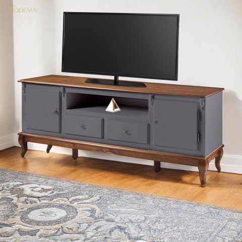 Rack para Sala com Pés Luis Xv 2 Gavetas 2 Portas de Madeira e Nicho 60503m - Cinza/imbuia Glazer