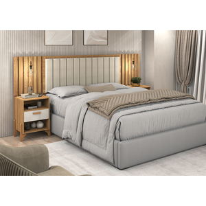 Cabeceira King Box Onix Estofada C/ Mesa de Cabeceira Gaveta e Prateleira - Vitamov: Freijo/off