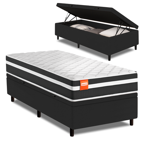 Cama Box Baú Solteiro Molas Ensacadas Bali Preto 88x188x63cm