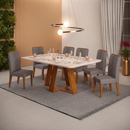 Conjunto de Sala de Jantar 6 Cadeiras Tampo sem Vidro 170x90 Cm Dj Móveis Kiara Freijó Yasmin Lunar - 1