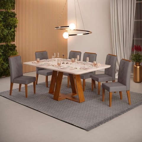 Conjunto de Sala de Jantar 6 Cadeiras Tampo sem Vidro 170x90 Cm Dj Móveis Kiara Freijó Yasmin Lunar