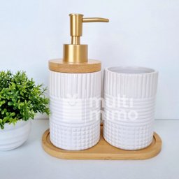 Kit Banheiro Lavabo Bambu Bandeja Porta Escova Sabonete 3 Pçs Redondo Branco - 2
