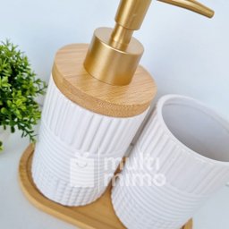 Kit Banheiro Lavabo Bambu Bandeja Porta Escova Sabonete 3 Pçs Redondo Branco - 4