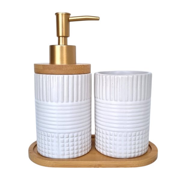 Kit Banheiro Lavabo Bambu Bandeja Porta Escova Sabonete 3 Pçs Redondo Branco