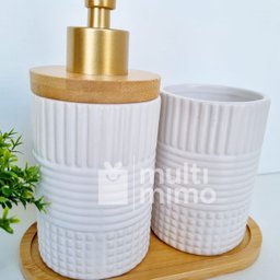Kit Banheiro Lavabo Bambu Bandeja Porta Escova Sabonete 3 Pçs Redondo Branco - 5