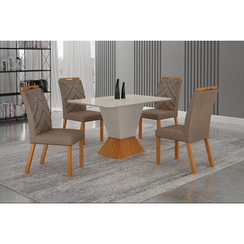Conjunto Sala de Jantar Larissa 1,20m Tampo Copo Off com 4 Cadeiras Cinamomo/Off/Joli Palha