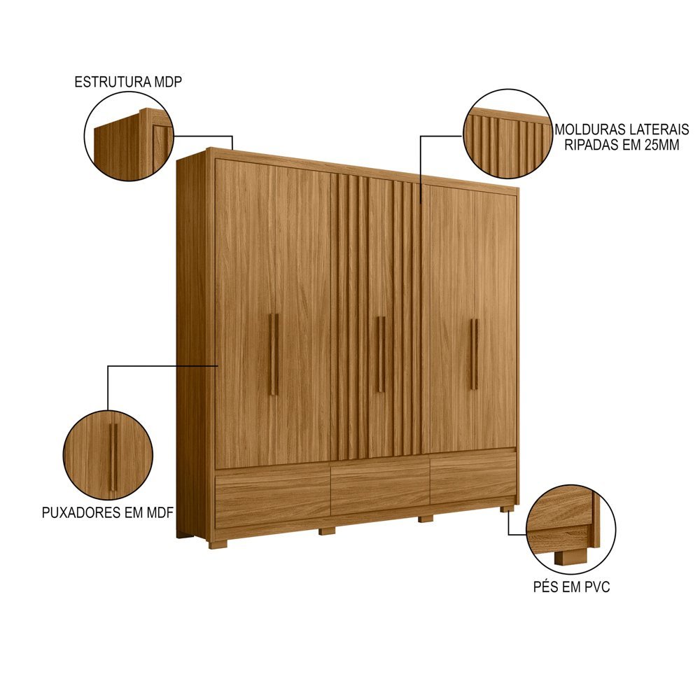 Guarda Roupa Casal 6 Portas 5 Gavetas 240cm Arizona M07 Freijó - Mpozenato - 3