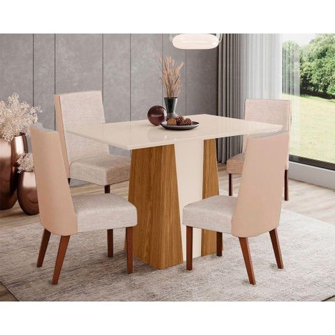Sala de Jantar Completa Orus Tampo Madeirado C- Vidro 120x80cm e 4 Cadeiras Anne Nature-courano-