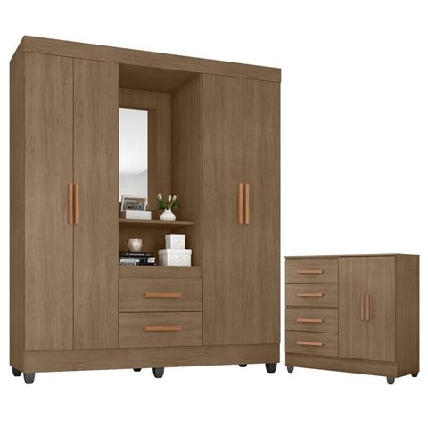 Guarda Roupa Casal Capela e Cômoda 4 Gavetas 2 Portas Lite Carvalho Oak – Móveis Leão