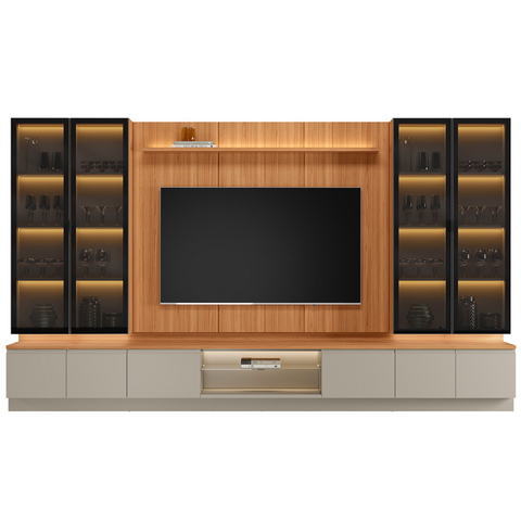 Rack com Painel e 4 Cristaleiras 2 Portas com LED Magnata Canela/Gris