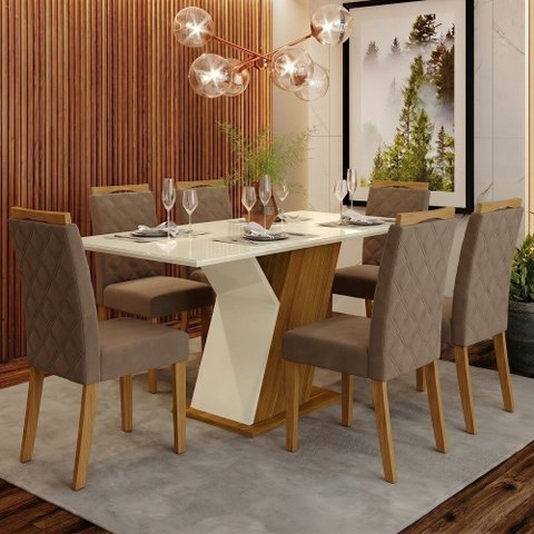 Conjunto Sala Jantar Mesa 160 cm Tampo MDF Vidro 6 Cadei Supreme Select Casa 812