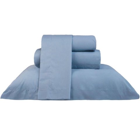 Jogo de Cama Casal 200 Fios Liso 4 Pçs 100% Algodão 140x190x35cm Bruma Azul