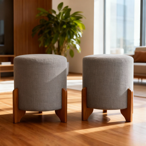 Kit 2 Puff Banqueta 3 Pés Madeira Resistente Luxo Tecido Moderno Linho Cinza