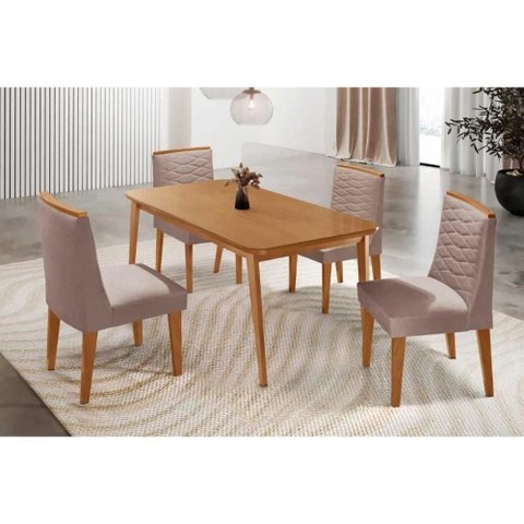 Sala de Jantar Completa Havana C/ Tampo Madeirado Canto Curvo 120x80cm e 4 Cadeiras Maldivas