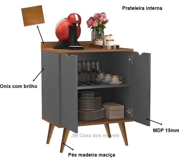 Aparador 2 Portas Buffet Acalanto Cantinho Café Pés Palito Onix / Nature - Comprar Moveis em Casa - 3